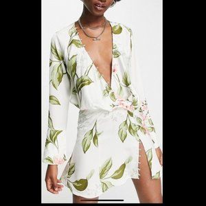 ASOS DESIGN Bias Cut Drape Mini Dress w/ Button Detail in Rose Print